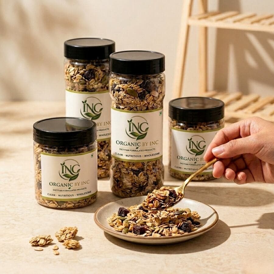 Organic by INC premium granola jars with a bowl of fresh granola