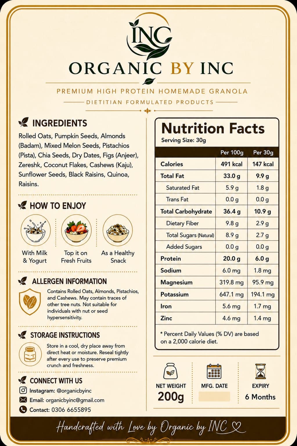 Organic by INC granola packaging front label